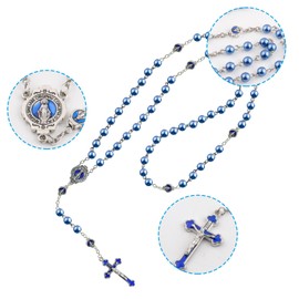 Xugoox 2 Pack Rosary Cross Necklaces for Women Men, Pearl Beads Catholic Rosary Necklace for Boys Girls Christian Gifts Christmas Gift (White, Blue)