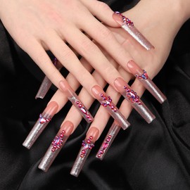 Artiprint Nude Glitter Coffin Press-On Nails with Rhinestone Accents, Long Length, Sparkling & Stylish for Parties and Special Events(L169, M)