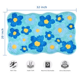 Floral Color Bathroom Rugs, 20"x32" Cute Flower Shaped Bath Mat, Non-Slip Extra Soft and Absorbent Carpet Rug for Floor Tub Shower, Machine Washable, Thick Microfiber Plush Bathmat (Blue)