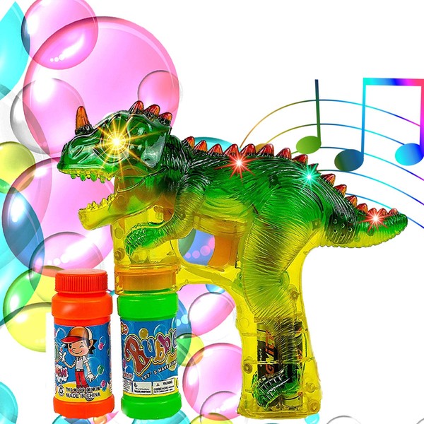 Toysery Dinosaur Bubble Machine Gun for Kids - Automatic Colorful Bubble Blower - Kids Summer Outdoor Fun Bubble Blaster Toy with LED Lights and Music for Birthdays and Parties - Extra Refill Bottle