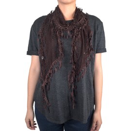 66" Long Lace Scarf with Pine Leaf Fringe (Mocha)