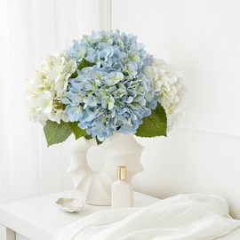 SUMTIPHUN 4 Pcs 20'' Real Touch Hydrangeas 2 White 2 Light Blue Artificial Hydrangeas Flowers Faux Latex Hydrangea for Kitchen Living Room Porch Home Decor Baby Shower Party Wedding Table Centerpiece