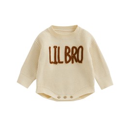 ZZLBUF Sister Matching Outfits Newborn Baby Girl Knit Romper Toddler Chunky Knit Pullover Sweater Fall Winter Clothes (Lil Bro, Beige Romper, 0-3 Months)
