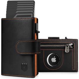 DODENSHA AirTag Wallet, RFID Blocking Genuine Leather Pop Up Credit Card Holder Wallet with Coin Pocket, ID Window, Banknote Compartment & Snap Closure