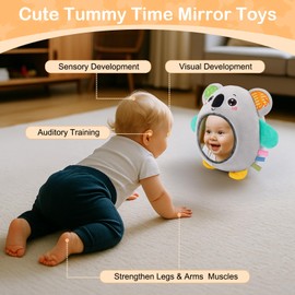FIOBEE Tummy Time Mirror Toys Textures Soft Sensory Toy with Crinkle Sounds High Contrast Baby Toys Infant Toy for Ages 0 Months and Up Newborn Training Essentials, Gray Koala