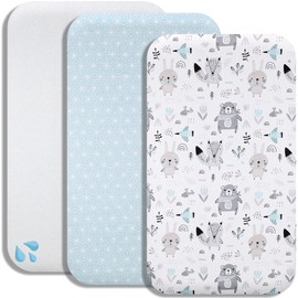 Lovely Hippo 2 x Fitted Sheets 83 x 50 cm 100% Cotton + 1 x Mattress Protector 100% Waterproof Material - Set 3X - Compatible Chicco, Kinderkraft (Blue Animals, 50 x 83 cm)