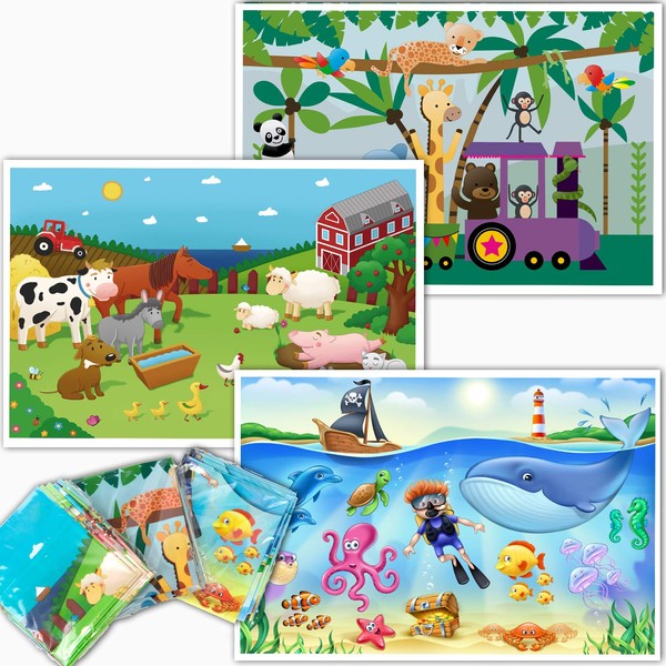 Disposable Placemats for Baby - Farm, Ocean and Zoo Animals - Sticky Topper for Table - 60 Pack in 3 Designs