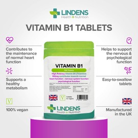 Lindens Vitamin B1 Thiamine Tablets - 100 Pack - for Heart, Immune and Psychological Function & Energy Release - UK Manufacturer, Letterbox Friendly
