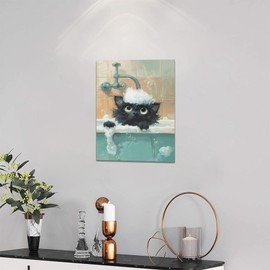 Cadiler Black Cat Bathroom Decor Wall Art Cute Cat Bathtub Pictures Wall Decor Rustic Country Canvas Print Painting Modern Artwork for Washroom Restroom Living Room 12"" x16