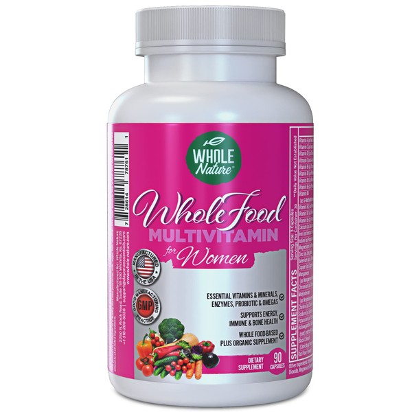WHOLE NATURE Whole Food Multivitamin for Women - with B12 Methyl Folate, Womens Multi Vitamin Minerals, Probiotics and Omegas. Vegan Vitamins for Women. Non GMO Daily Supplement Plus- 90 Capsules