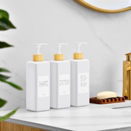 VITVITI Shampoo and Conditioner Dispenser, 17OZ Refillable Shower Soap Dispenser Wall Mounted, Plastic Shampoo/Body Wash Shower Bottles for Bathroom with Pump/Labels, Bamboo (White)