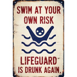 Vintage Pool Sign 8x12 in Humorous Swim at Your Own Risk Design with Red Dot & Lifeguard Graphic for Wall Garden or Poolside Decor Ideal for Home and Outdoor Safety