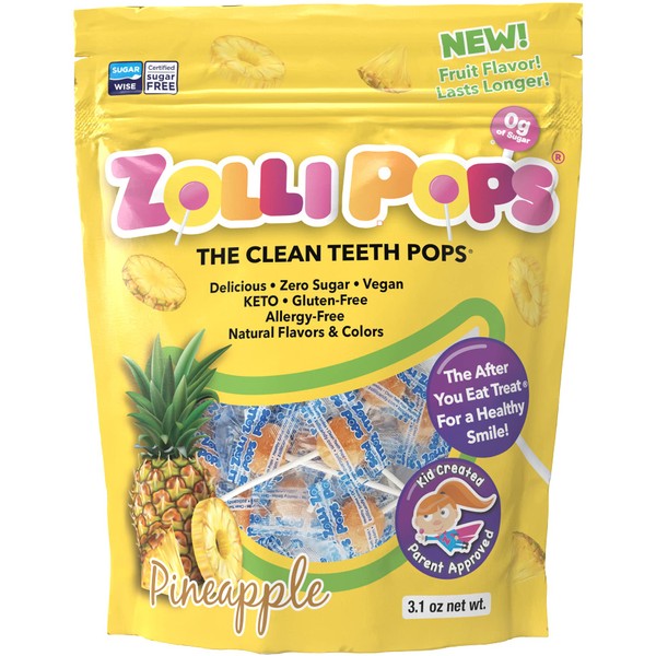 Zollipops Clean Teeth Lollipops | Anti-Cavity, Sugar Free Candy with Xylitol for a Healthy Smile - Great for Kids, Diabetics and Keto Diet (Pineapple, 3.1oz), Assorted, (3339)