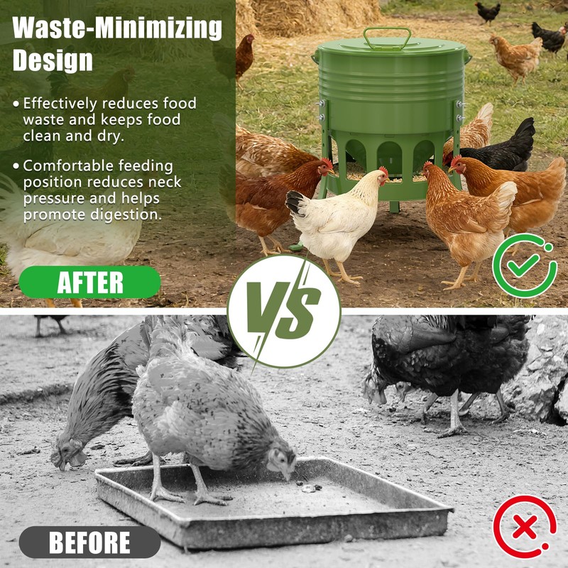 20 Lbs Metal Chicken Feeder, 12 Port No Waste Automatic