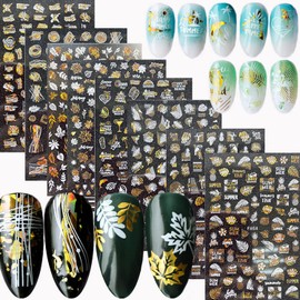 8 Sheets Summer Nail Art Adhesive Sticker Nail Stickers Laser Gold with White Nail Art Design Leaf Coconut Tree Dolphin Heart 3D Nail Art Decoration for Women Girls Manicure Tips Nail Supplies