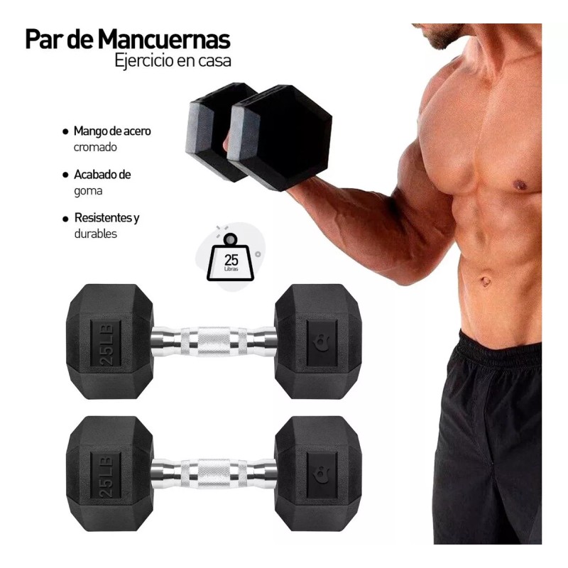 Bluelander Par Mancuernas Hexagonales Caucho 25lb 11.33 Kg Gym Crossfit