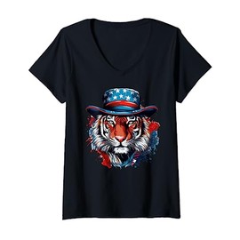 Tiger Wearing American Flag Hat Patriotic Tiger Boys Men V-Neck T-Shirt
