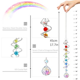 Sun Catcher Wind Chime with View of Ball Spiral Tail, Decorative Crystal Wind Chime 17.7 Inches, Wind Chime Sun Catcher with Seven Chakra Beads, Window Hanging for Outdoor Garden Decoration