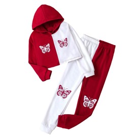 WDIRARA Girl's 2 Piece Outfit Colorblock Butterfly Print Drop Shoulder Hoodie and Sweatpants Set Red and White 8Y