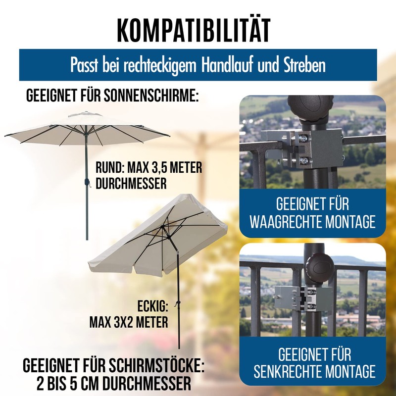 KD-TECH Stabiler Sonnenschirmhalter - Sonnenschirmständer für Balkon eckige Geländer -