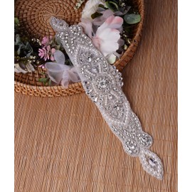 Feathers Creation Ltd Sparkling Rhinestone Applique Heavy Beads Belt Diamante Crystal Lace Craft Sewing on Bridal Wedding Ball Dress Gown Iron on or sewon (Silver, 27 cm / 5 cm)