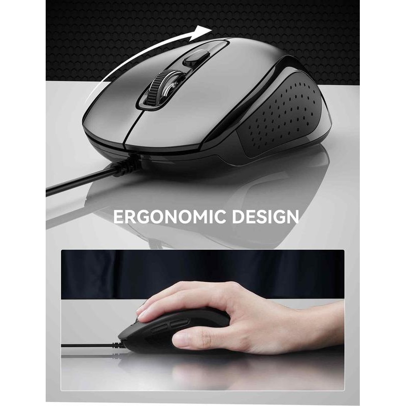 TECKNET Ergonomic 3600 DPI USB Wired Mouse - Color: Black