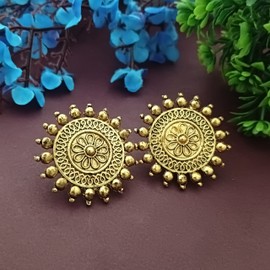 Efulgenz Boho Vintage Antique Ethnic Gypsy Tribal Indian Oxidized Round Big Stud Earring Set Jewelry (One Size, Gold)