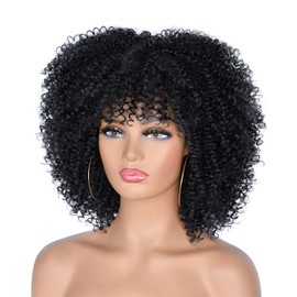 CoCrowns 10Inch Short Curly Afro Wigs with Bangs Bomb Afro Kinky Curly Wig for Black Women Synthetic Fiber Full Wig (Black)
