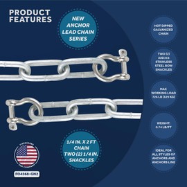 Five Oceans FO4568-GN2 Marine Boat Anchor Lead Chain 1/4 inches x 2 Feet Hot-Dipped Galvanized Steel with 2 AISI316 Stainless Steel 1/4 inches Bow Shackles