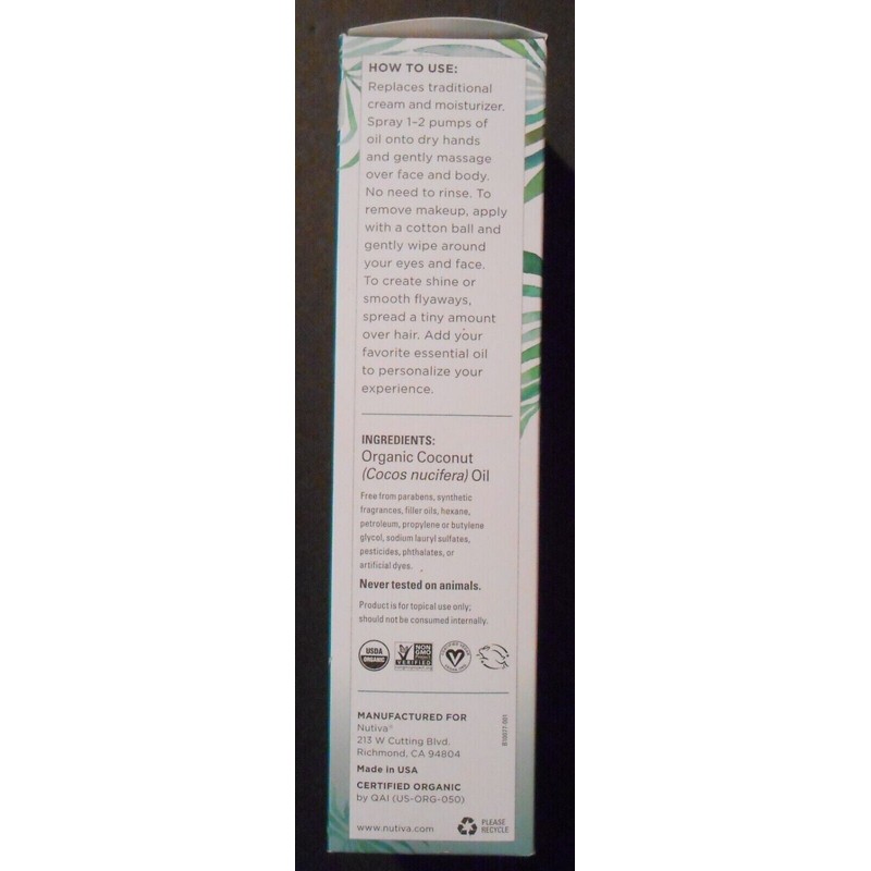 NUTIVA 8 OZ ORGANIC COCONUT BODY OIL SPRAY BOTTLE PURE