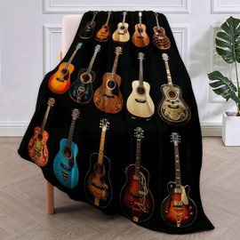 Vintage Guitar Collection Throw Blanket - Soft and Cozy Fleece Blanket with Colorful Acoustic Guitar Design - Perfect for Music Lovers, Couch, Bed, or Outdoor Use - 50x60 Inches