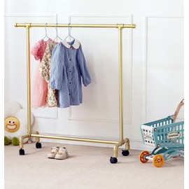 Homeyeeng Kids Clothing Racks,Child Dress up Racks with Hooks, Metal Pipes Costumes Garment Hanging Racks,Small Rolling Clothes Racks,Freestanding and Portable Heavy Duty Kids Closet,Gold