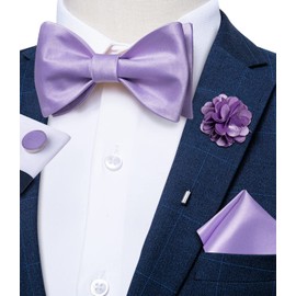 DiBanGu Light Purple Mens Bow Ties Wedding Satin Self-tied Bowtie Set with Pocket Square Lapel Pin Cufflinks Party