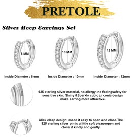 3 Pairs Sterling Silver Hoop Earrings for Women S925 Huggie Hoop Earrings With Cubic Zirconia Small Cartilage Sleepers Huggie Hinged Earrings Set for Girls Men