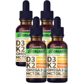 NUSAVA (4 Pack) Organic Vitamin D3 K2 Drops with MCT Oil Omega 3, 5000 IU, Maximum Strength Vitamin D Liquid - No Fillers, Non-GMO Liquid D3 for Faster Absorption & Immune Support (Vanilla, 4 Fl Oz)