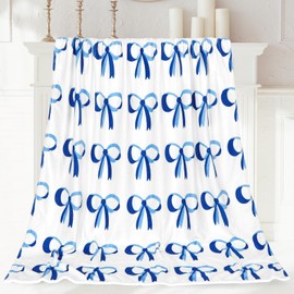 JarThenaAMCS Blue Bow Fuzzy Blanket Blue and White Bowknot Throw Blanket Cute Bowtie Cozy Flannel Blanket for Home Bed Sofa Couch Chair, 50 x 60 Inch