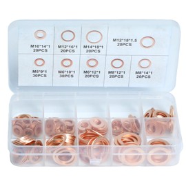 200pcs Copper Metric Crush Washer Assortment - 9 Sizes (M5 to M14) Flat Sealing Gaskets for Oil Drain Plugs, Automotive & Plumbing Applications, Industrial & Household Use