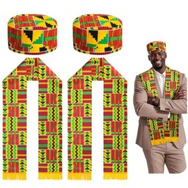 Wehhbtye 2 Set Kente Kufi Hat and Stole, African Pattern Sash Scarf with Men Hat, African Print Kente Clothing Accessory for Black History Month Kwanzaa Celebration Graduation Choir