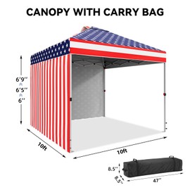 10 x 10 Pop Up Canopy, All Season Instant Canopy with 2 Sidewalls and Vented Roof, Portable Party Tent with Wheeled Carry Bag and Sandbag for Camping, Picnic, Party, Red, White and Blue