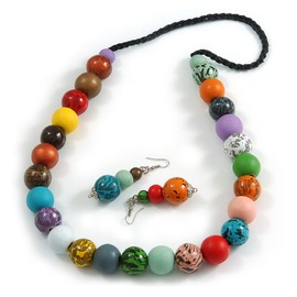 Chunky Style Wood Bead Cord Necklace and Earring Set with Animal Print in Multicoloured/ 76cm L