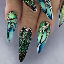 Press on Nails Almond Medium Artificial Acrylic Nails Rhinestones Gold Glitter Powder Design Almond False Nails Green French False Nails Full Cover Reusable Coffin Nails Glue on Nails for Women 24Pcs