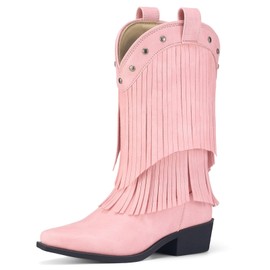 Rollda Girls Cowboy Boots with Tassel, Fringe Cowgirl Boots, Snip Toe, TPR Outsole, Kids Western Boots Stylish & Comfortable for All-Seasons, Toddler/Little Kid/Big Kid Pink Size 1