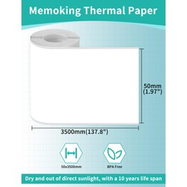 T02/M02/M02L/M02X Blue Sticker Paper Roll - 50mm x 3500mm Sticker Paper for Photos, Learning, Notes, Journals, DIY, Memos, Oil and Water Resistant, Sticker Thermal Paper Keep for 10 Years, 3 Rolls