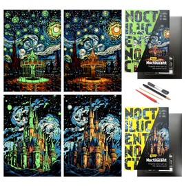 Scratch Art Painting Paper Set-Creative Arts and Crafts for Adults&Kids,Glow in The Dark DIY Craft Kit with 4 Tools 2 Sheets(A3),DIY Home Decor&Gift for Birthdays Holidays(Amusement&Park Castle)