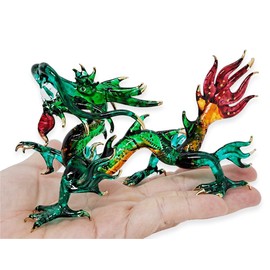 Mr_air_thai_Glass_Blown Tiny 5" Green Red Lift Forefoot Chinese Asian Dragon Figurine - Miniature Hand Blown Glass Dragons Mythical Creature Animals Crystal Decorative Collectible Figures Décor Gifts