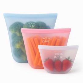 Silicone Food Storage Bags, Stand Up Zip Container Set for Soup, Sandwich, Leftovers, Microwave Safe, BPA Free, AR3T Home Essentials (Multi Color 3 pack)