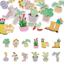 Cheriswelry 12Pcs Iron on Patches for Clothing Potted Flower Plant Embroidered Applique Patches 50-65mm for Dress Hats Backpacks Jackets Jeans DIY Craft Accessories