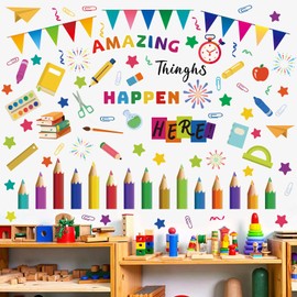 Aryroi Classroom Wall Sticker,Amazing Things Happen Here Wall Decals,Motivational Wall Sticker,Crayon Pencil Study Inspirational Quotes Decals,Back to School Murals for School Nursery Kids Room