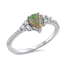 Teardrop Mystic Simulated Opal Micro Pave Ring Dainty Sterling Silver Band Size 5