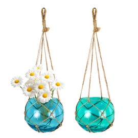 SAILINGSTORY Hanging Glass Plant Terrarium 5" Glass Planter Propagation Stations Flower Vase Blue and Teal Set of 2 Pack